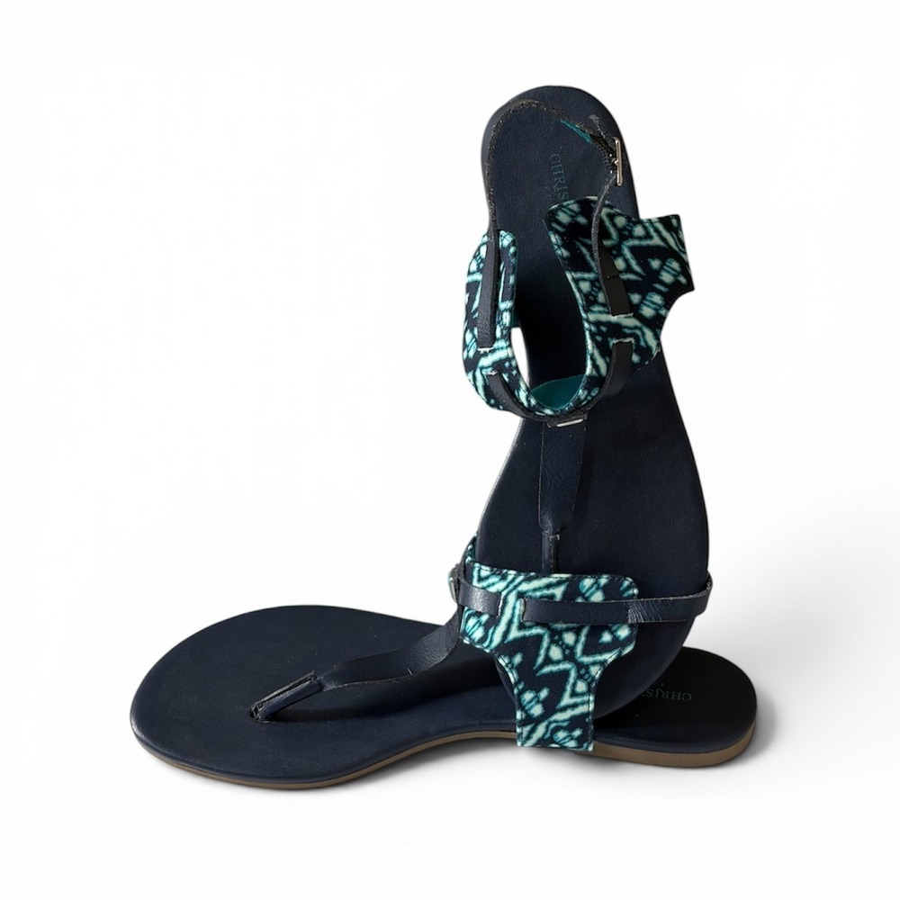 Christian Siriano Sandals 9.5 Navy Teal Geometric Thong Ankle Strap Women's